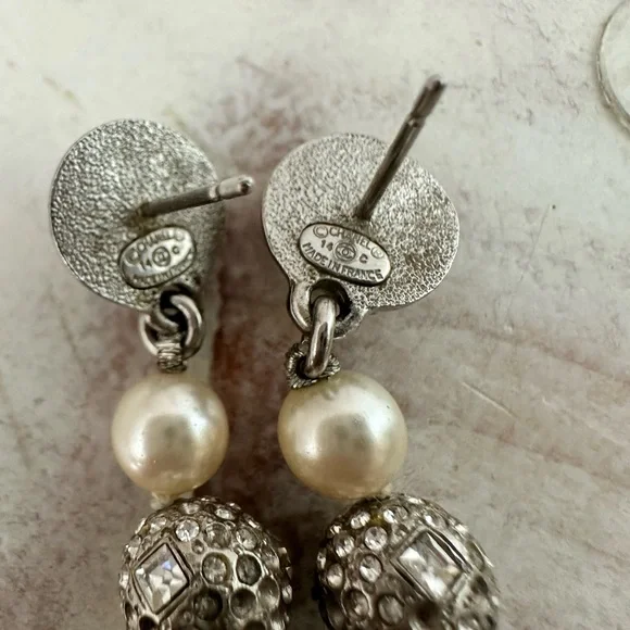 Chanel Silver-Toned and Pearl Drop Earrings with rhinestone encrusted spheres